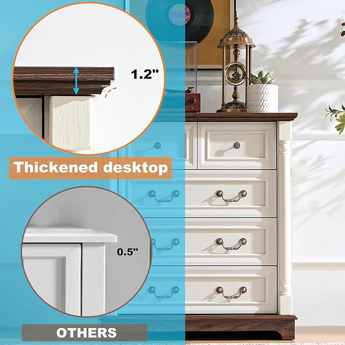 Farmhouse 5 Drawer Dresser with Roman Column Design, 36" Tall Chest of Drawers, Wood Storgae Cabinet Organizer for Bedroom, Hallway, Antique White
