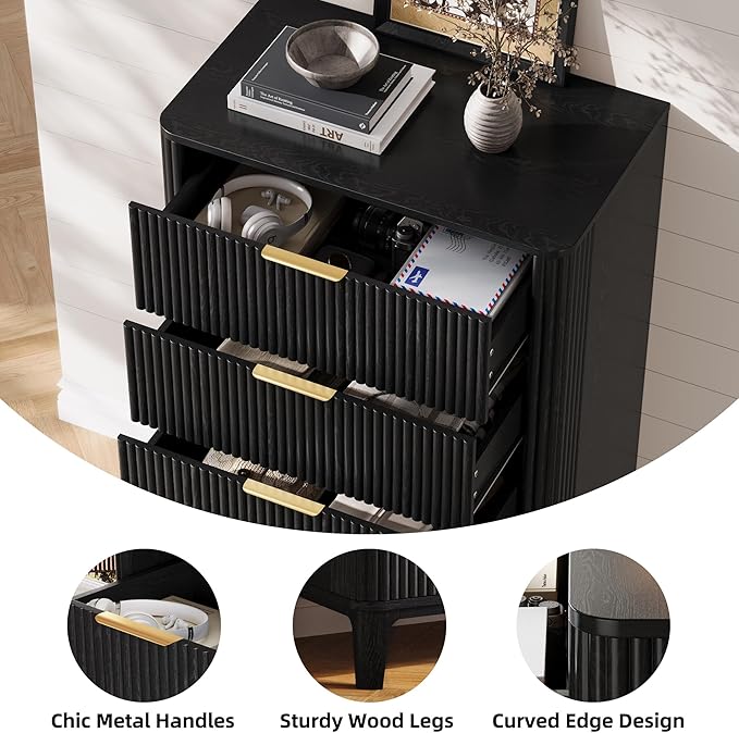Fluted 5 Drawers Dresser for Bedroom, 45" Modern Tall Chest of Drawers with Wood Grain, Farmhouse Wooden Vertical Dresser, Curved Profile Design, Wood Drawer Organizer for Closet, Hallway Black