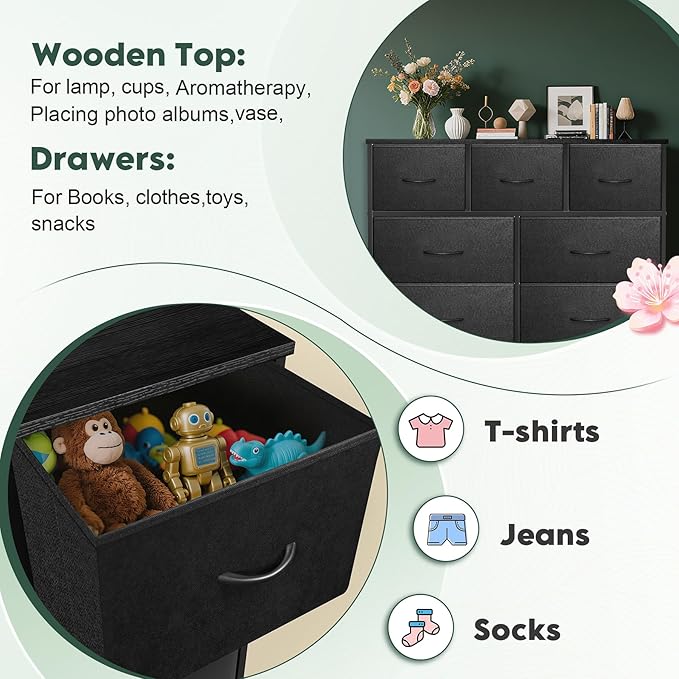 Dresser for Bedroom with 7 Drawers, Chest of Drawers, Storage Drawers Organizer Unit, Black Wide Fabric Dresser with Fabric Bins for Closet, Living Room, Entryway (Charcoal Black)