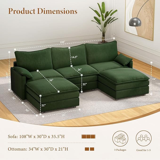 Vesgantti 108" U Shaped Sectional Couch, Comfy Cloud Modular Sectional Sofa with 2 Ottoman Deep Seat Chenille Modern Cloud Sofa, Modular Sofas for Living Room, Bedroom and Apartment, Green