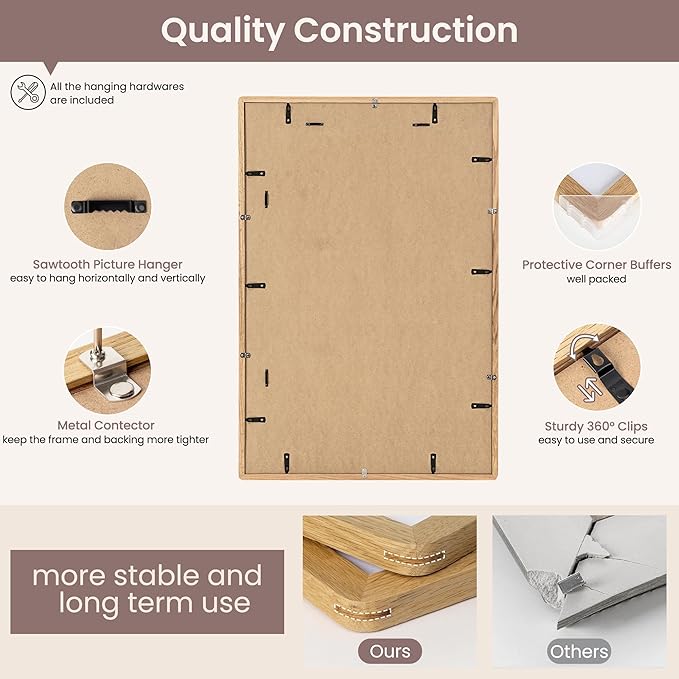 24x36 Poster Frame - Solid Oak Wood 24 x 36 Picture Frame, 24''x36'' Frame With Mat For 20x30, Tempered Glass and Hanging Hardware Included, Minimalist 36 By 24 Photo Frame Wood, Natural Oak