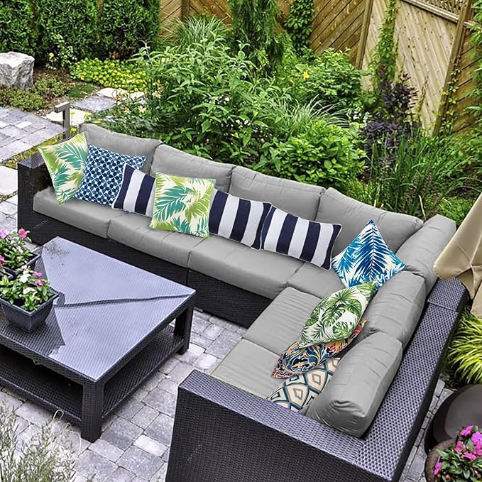 JMGBird Outdoor Lumbar Pillows, Waterproof Throw Pillows with Insert, Pack of 2, 12×20 Inch- Add a Pop of Color Outdoors (Blue and White)