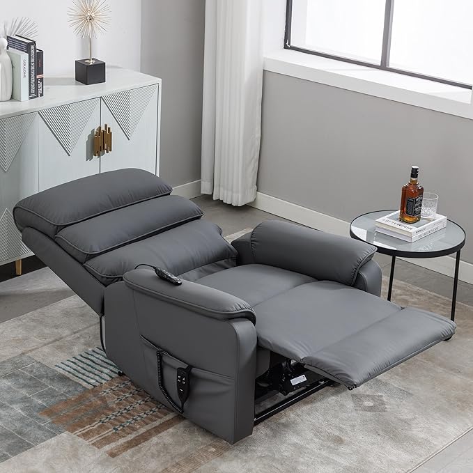 Lay Flat Lift Chair with Heat and Massage, Dual Motor Recliner Chair, Infinite Position, Up to 350 LBS, Grey, Cat Scratch-Resistant Leather