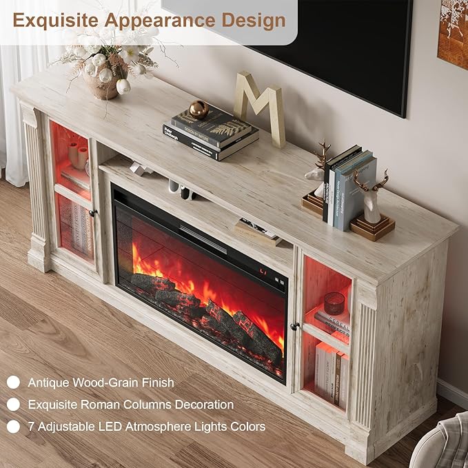 Farmhouse Fireplace TV Stand Up to 80" TVs, 70" Modern Highboy Entertainment Center with 36" Electric Fireplace & LED Lights, Media Console with Adjustable Shelves for Living Room, Antique Brush Gray