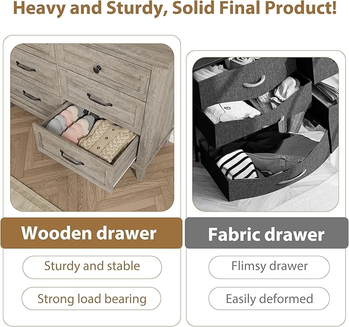 GarveeHome 6 Dresser for Bedroom, 47" Wide Drawer Dresser with Storage Freestanding, Wooden Closet Storage Chest for Living Room, Bedroom, Entryway, Grey