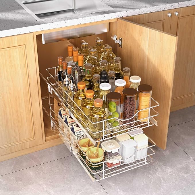 2 Tier Pull Out Cabinet Organizer,(14½"W x 22" D) Soft Close Slide Out Drawer For Kitchen Base Cabinet, Individual Pull Out Shelf, Roll Out Pantry Organization, 22 Inch Deep