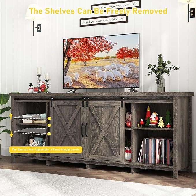 70In Farmhouse TV Stands for 70 75 80inch TV w/Adjustable Shelves,Sliding Barn Door.Rustic Wooden Entertainment Center,TV Console Grey Cabinet w/Storage for Bedroom Living Room(Dark Grey 70in)