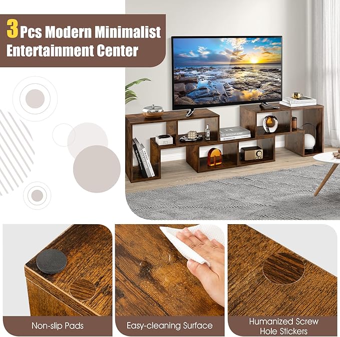 GOFLAME 3 Pieces TV Console Stand, Modern Entertainment Center for 50 55 60 65 Inch Flat Screen TV, Free Combination Bookcase for Storage & Display, Suitable for Living Room, Bedroom (Brown)