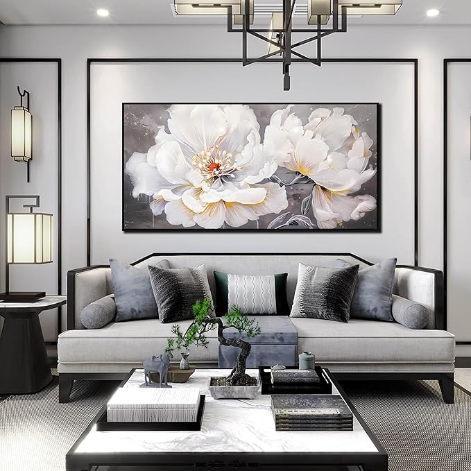 White Flower Painting Wall Decor for Living Room - Modern Framed Wall Art Bedroom - Home Decor for Women Ready to Hang Size 24" x 48"