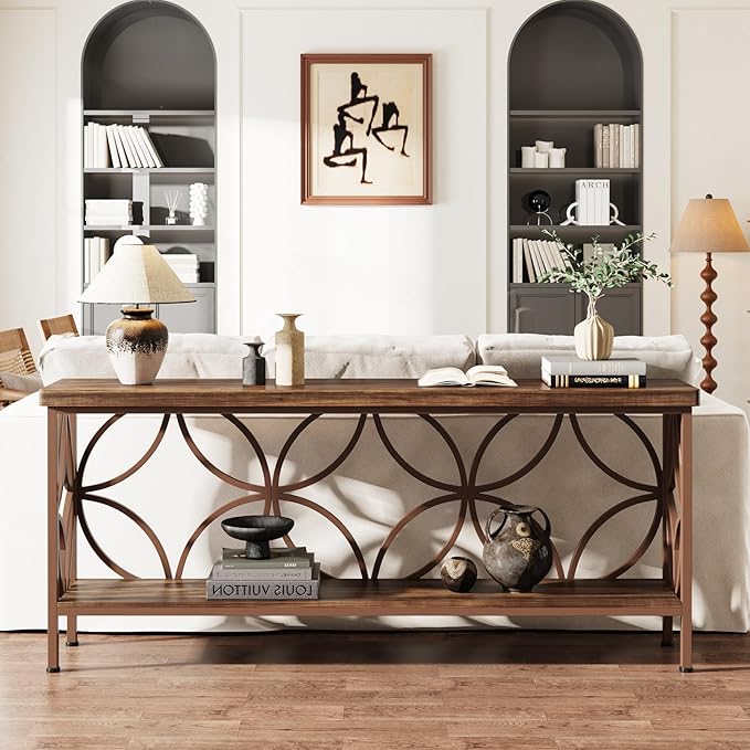Tribesigns 70.9-Inch Narrow Sofa Table, Industrial Long Sofa Table Behind Couch, Entry Console Table with Storage for Entryway, Living Room, Foyer, Unique Design, Brown Matte