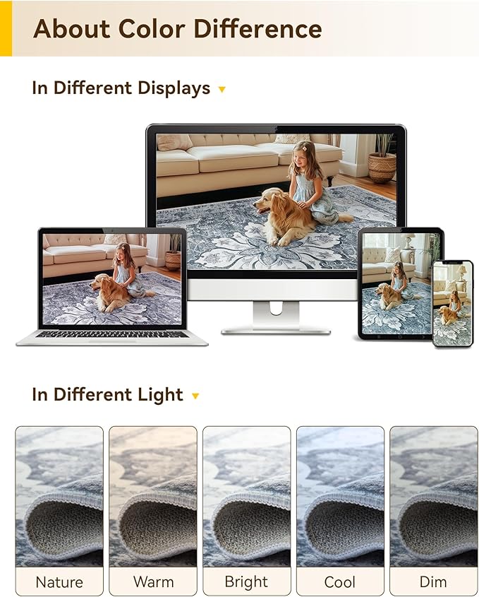 Area Rugs 10'x14' Washable Non-Slip, Floral Vintage Distress Print Pattern Medallion Carpet for Living Room Bedroom Dining Room, Light Gray Grey White