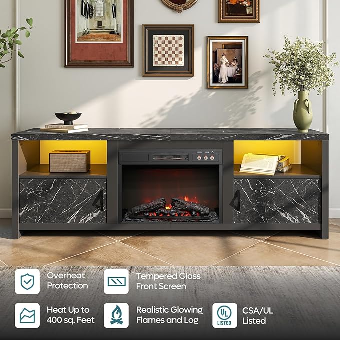 Bestier 70" Electric Fireplace TV Stand for TVs Up to 80", Modern Fireplace Entertainment Center with Storage Cabinets, LED Lights, Open Shelves and Cable Holes for Living Room, Black Marble