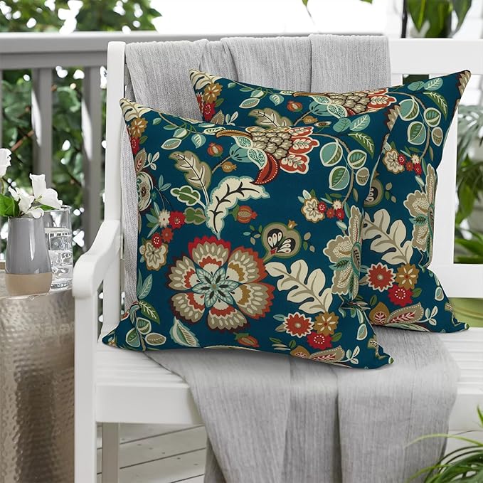 Pack of 2 Patio Throw Pillow Covers ONLY, Water Repellent Cushion Cases 20x20 Inch, Square Pillowcases for Outdoor Couch Decoration, Peacock Blue