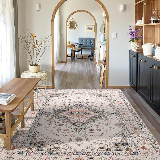 Living Room Rug 6x9 Rug, Machine Washable Area Rug Non Slip Low Pile Rug for Living Room, Bedroom, Farmhouse, Dining Room, Beige