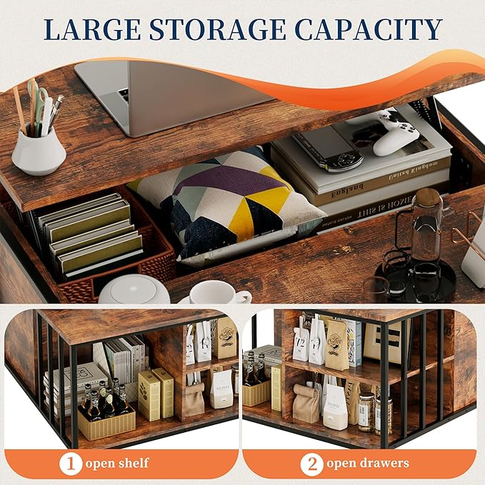 Lift Top Coffee Table with Storage,Square Coffee Tables with Hidden Compartment,Farmhouse Rustic Lift Tabletop Pottery Barn Coffee Table with Opening Drawers for Living Room,Assemble Required
