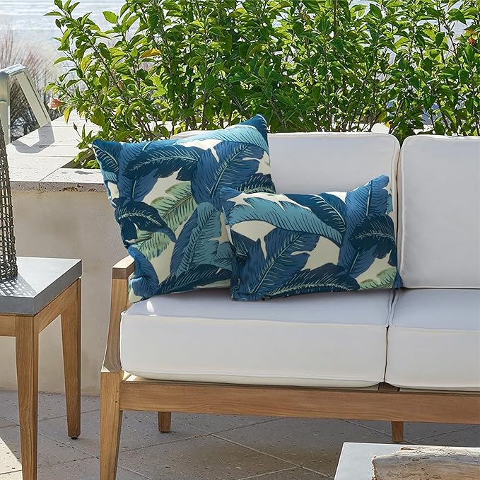 Outdoor Lumbar Pillows 12x20 inch, Rectangle Throw Pillows with Inserts, Decorative Lumbar Cushions for Patio Furniture Garden Couch Home Sofa Office Chair, Pack of 2, Swaying Palms Blue