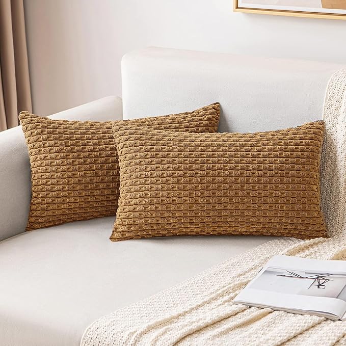 MIULEE Throw Pillow Covers Soft Corduroy Decorative Set of 2 Boho Striped Pillow Covers Pillowcases Farmhouse Home Decor for Couch Bed Sofa Living Room 12x20 Inch Light Coffee
