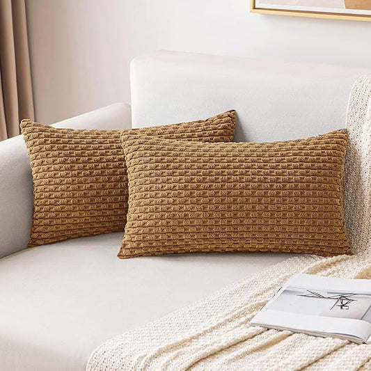 MIULEE Throw Pillow Covers Soft Corduroy Decorative Set of 2 Boho Striped Pillow Covers Pillowcases Farmhouse Home Decor for Couch Bed Sofa Living Room 12x20 Inch Light Coffee