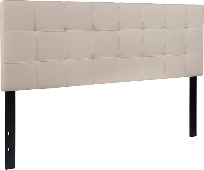 EMMA + OLIVER Quilted Tufted Upholstered Queen Size Headboard in Beige Fabric