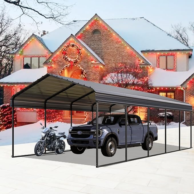 MFSTUDIO Carport 12x25 ft, Outdoor Heavy Duty Metal Shed Carports, Metal Garage Car Shelter Shade Car Port with Galvanized Roof, Frame and Bolts for Cars, Truck and Boats