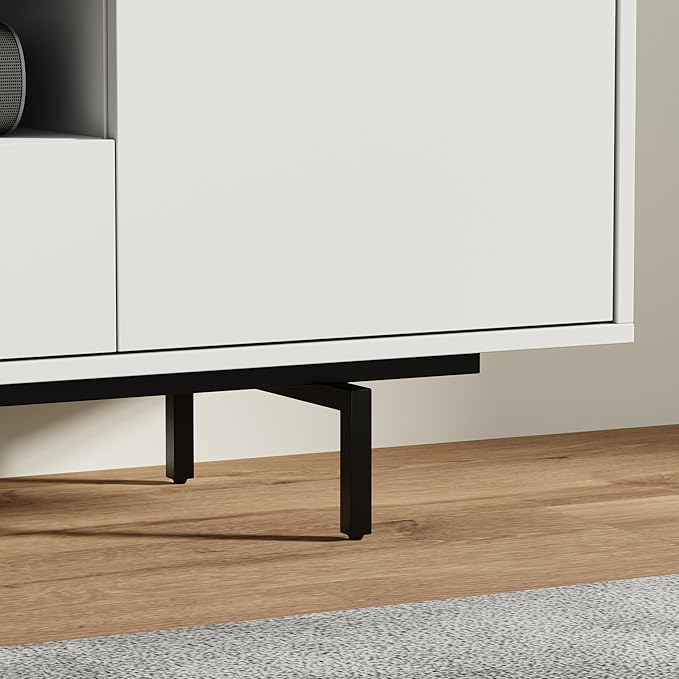 Norrhaus 75-Inch Modern TV Stand – White Finish, 20-Inch Height, No Tools Assembly Technology, Storage Cabinets with Center Channel Speaker Shelf, Mid-Century Modern Design