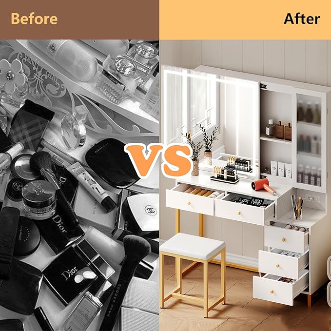 White Makeup Vanity Desk with Sliding Mirror and LED Lights,Power Outlet&Vanity Stool for Makeup Table,Makeup Organizer Countertop Cabinets&5 Storage Drawers, Vanity Table for Women