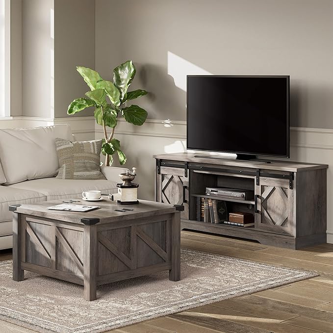 WAMPAT Farmhouse Sliding Barn Door TV Stand and Coffee Table Set of 2,Modern Storage Entertainment Center for TVs Up to 65'', Square Wood Center Table with Gas Struts Lift-Top for Living Room,Grey