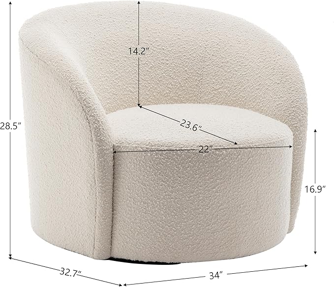 KINWELL 34" W Mid Century Modern Swivel Barrel Chair, Round Upholstered Boucle Swivel Accent Chairs, No Assembly Sofa Chair for Living Room Bedroom Reading Apartment Lounge Nursery(Cream)