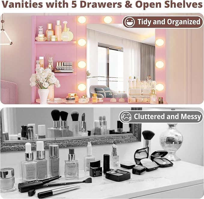 IRONCK Vanity Desk with Mirror and Lights, Small Makeup Vanity Table with 5 Drawers, Power Outlet, and Vanity Stool, 3 Lighting Colors, Dressing Table for Women Girls Bedroom, Pink