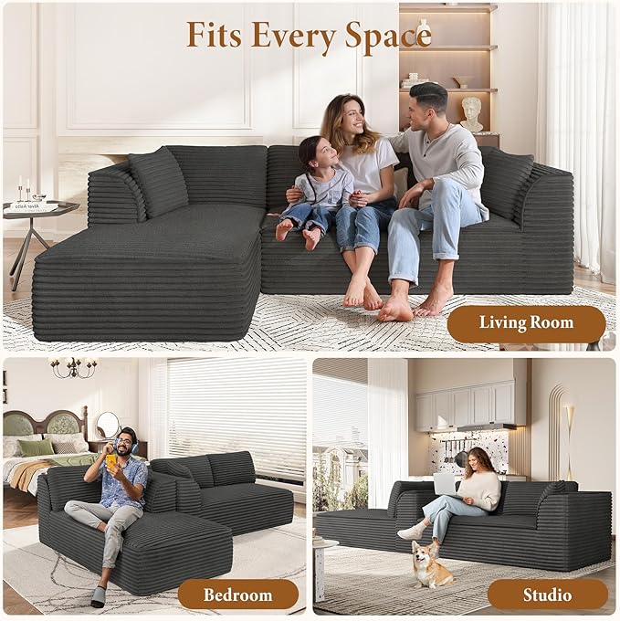 Vesgantti 106" Boneless Couch with Chaise, Deep Seat Comfy Cloud Modular Sofa Corduroy Memory Foam Sectional Couches for Living Room Bedroom, No Assembly Required (Grey, Left-Facing Chaise)