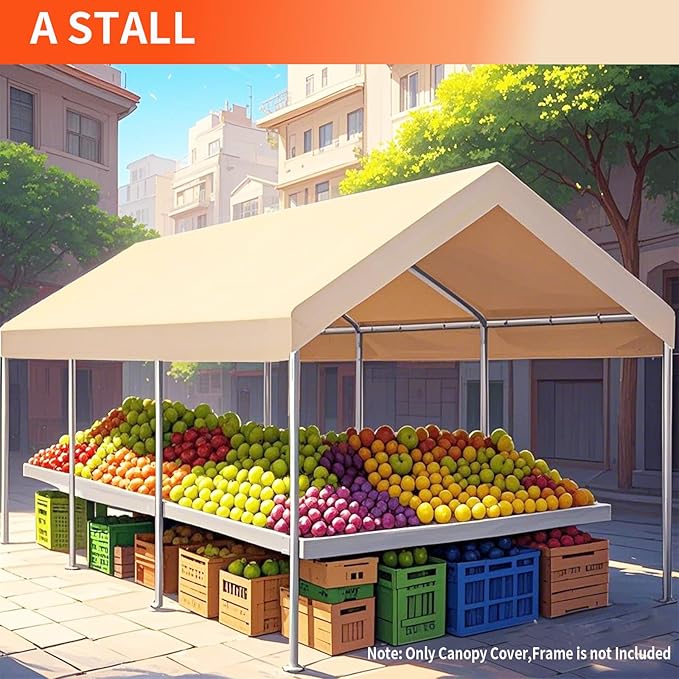 10' x 20' Carport Replacement Canopy Cover for Carport Frame Garage Top Tarp Shelter Tent Party Heavy Duty (Only Top Cover, Frame is not Included) (Beige, 10' x 12')