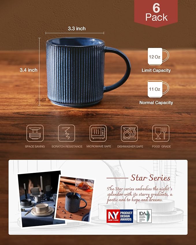 famiware Coffee Mug Set for 6, Star 12 oz Catering Mugs Cup Set with Handle for Coffee, Tea, Cocoa, Milk - Ceramic Stoneware Drinkware Set, Nebulas Blue