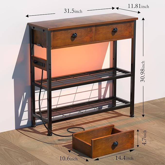 32" Entryway Table with Outlets: Console Table with 2 Wood Drawers and Storage Shelves, USB Ports, LED Light Strip, for Sofa, Living Room, Hallway, Foyer, Couch, and TV Stand