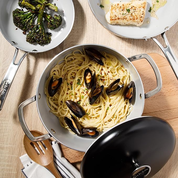 Sur La Table Kitchen Essentials Potluck Porch 10 Piece PFA Free Ceramic Non stick Interior Forged Aluminum Cookware Pots and Pans Set W/Aluminum Lids - Black - Induction Compatible