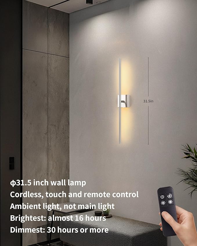 KDG Cordless Wall Sconces Set of 2, Wireless 7000mAh Rechargeable Battery Operated LED Wall Lamps with Remote, 360° Rotate Lightings for Wall Painting, Bedroom, Hallway, Night Light 31.5 inch (Nickel)