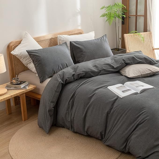 BESTOUCH Duvet Cover Set 100% Washed Cotton Linen Feel Super Soft Comfortable Chic Lightweight 3 PCs Home Bedding Set Solid Dark Grey Oversized King