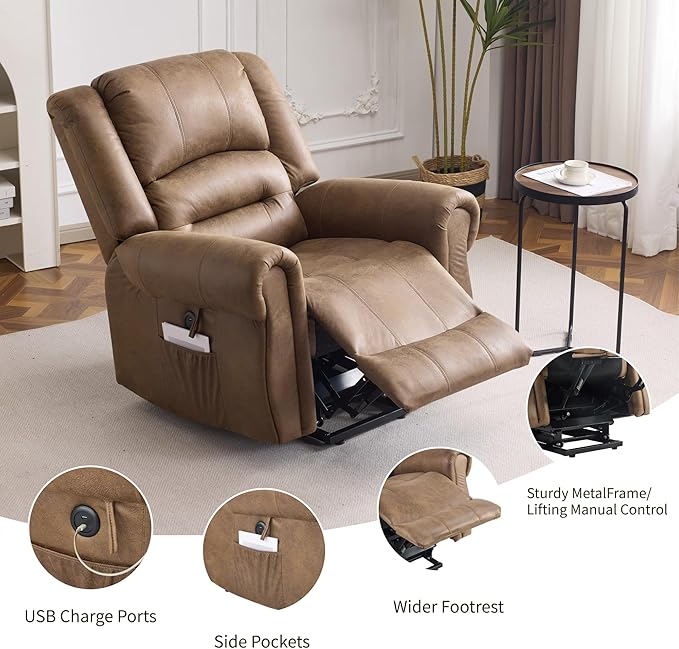 FLEXISPOT Power Lift Recliner Chair for Elderly with Massage & Heat, Faux Leather Electric Reclining Chair for Seniors with USB Ports, Cup Holders & Side Pockets(Medium Size,Camel Brown