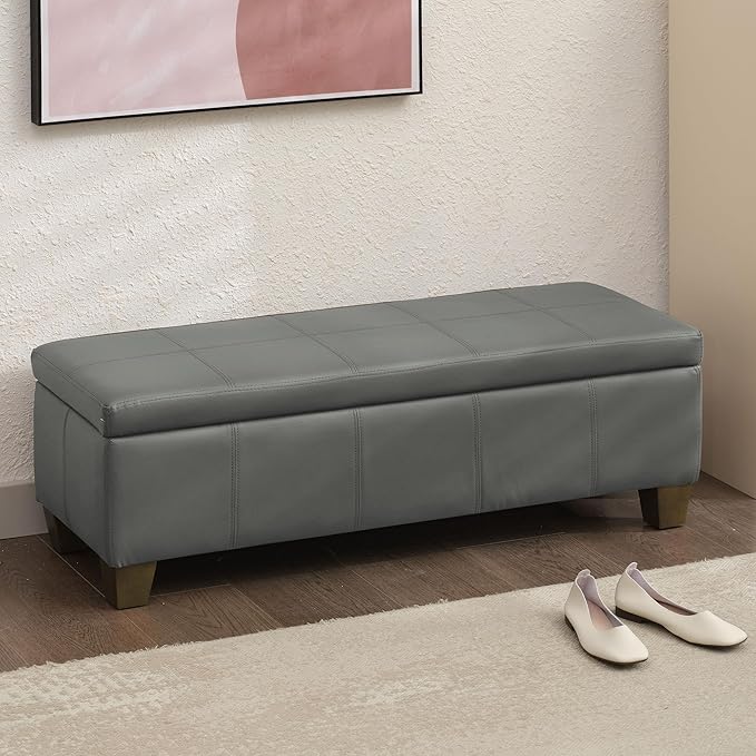 51 Inch Faux Leather Ottoman with Storage, End of Bed Bench with Large Storage, Rectangular Extra Long Bench for Bedroom and Living Room, Light Grey