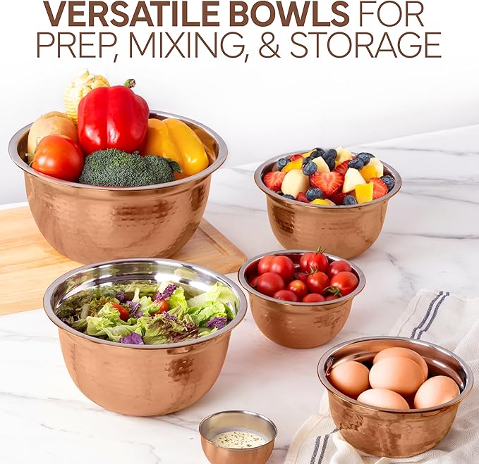 COOK WITH COLOR 18 Piece Mixing Bowls Set with Airtight Lids, Stainless Steel Bowl Organizers, Food Storage Containers, Meal Prep, Nesting Salad Bowls For Cooking, Baking, Kitchen, Copper - Hammered