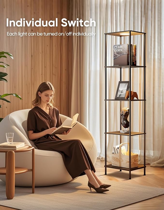 Display Shelf with RGBW Light, Color Changing Curio Cabinet Floor Lamp with Shelves Corner Standing Column Lamp Etagere Organizer Tower Nightstand Bookcase for Living Room Bedroom Office Décor Black