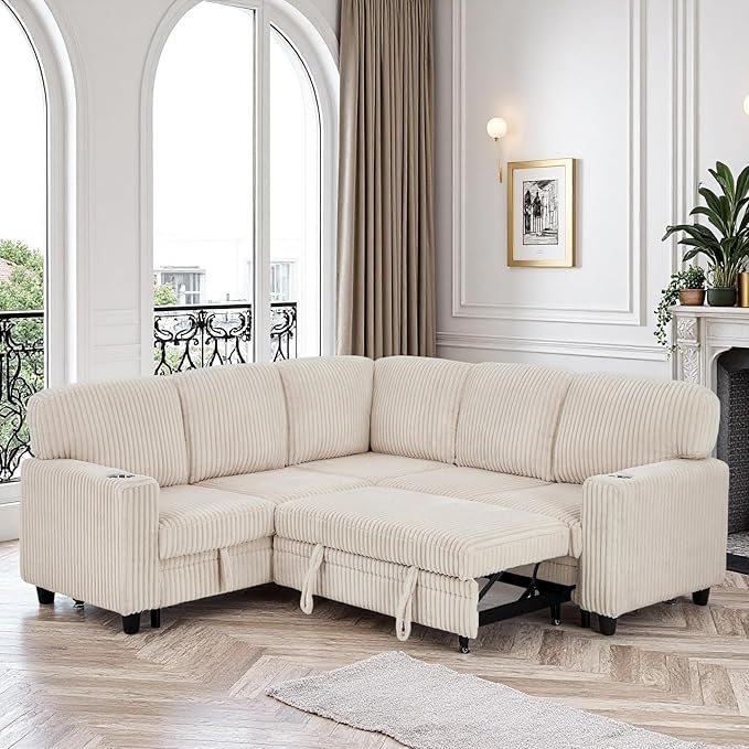 Couch, L-Shaped Sleeper Sofa with Storage, Sectional Couches for Living Room, 5-Seat Couch with Pull Out Bed, Convertible Sofa with USB Charging, for Living Room, Apartment, Beige