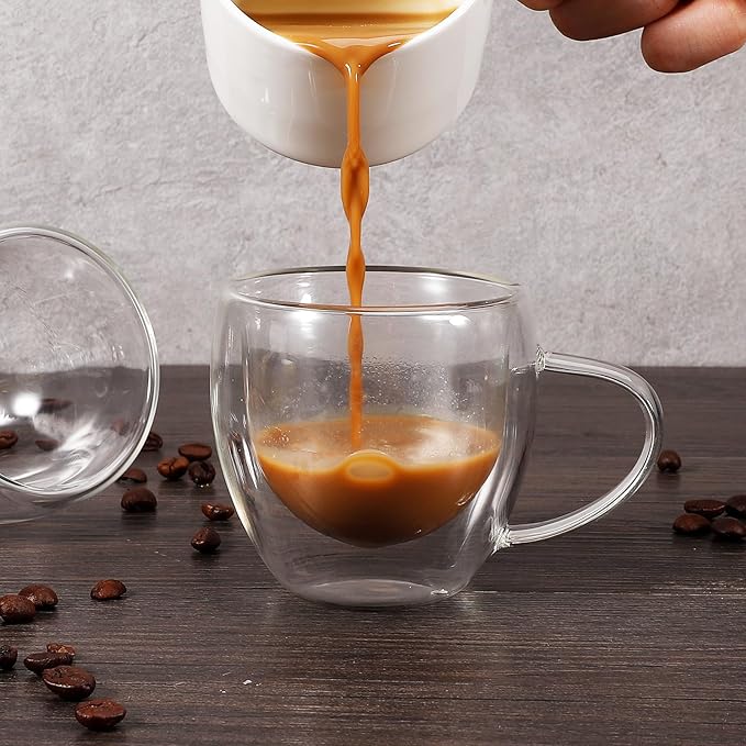 Clear Glass Double Wall Insulated Round Coffee Mugs Set of 6 Pieces - Small Size 5.5oz Best Reusable Coffee Mug for Home Cafe Restaurant Perfect for Espresso Capucinno Lungo Latte Coffee