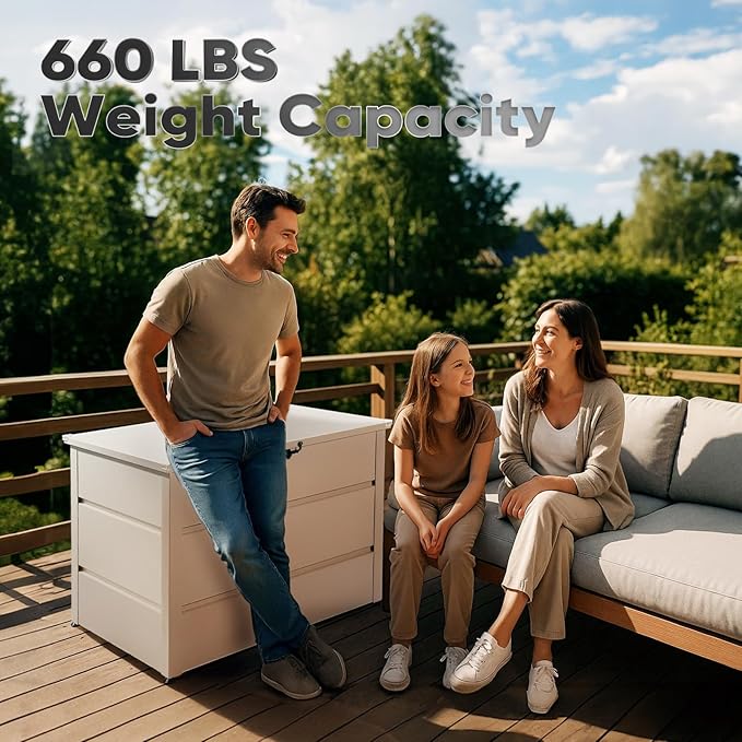 Quictent 150 Gallon Metal Outdoor Deck Box with Hydraulic Lid, Easy Assemble Waterproof Weather-Resistant Storage Bin, 660LBS Capacity for Patio/Garden/Poolside, White