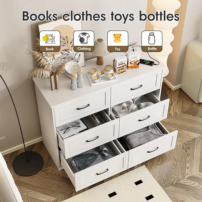 Fameill Dresser for Bedroom, 6 Drawer Wide Dresser Organizer with Charging Station for Hallway with Metal Handles, Woodgrain White