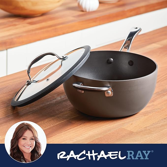 Rachael Ray Cook + Create Hard Anodized Nonstick Saucier Pan/Saucepan with Lid and Helper Handle, 4.5 Quart - Black