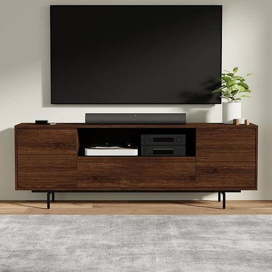Norrhaus 75-Inch Modern TV Stand – Walnut Finish, 26-Inch Height, No Tools Assembly Technology, Storage Cabinets with Center Channel Speaker Shelf, Mid-Century Modern Design