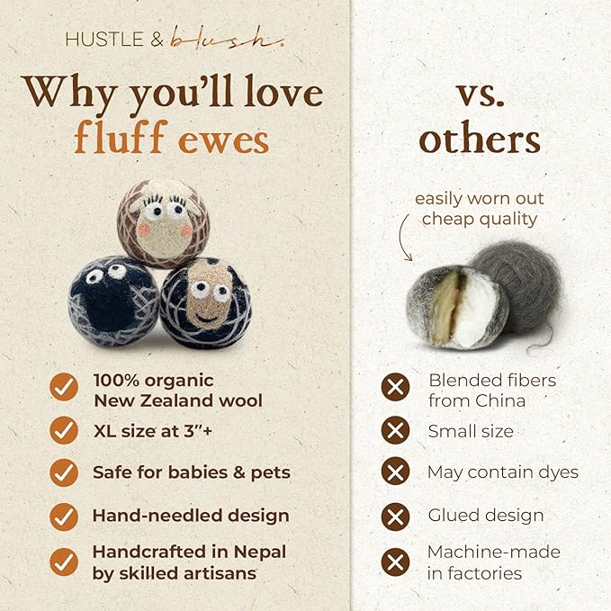 Fluff Ewes Wool Dryer Balls 3 Pack Premium New Zealand Wool Laundry Balls for Dryer, No Static Dryer Balls Laundry Reusable Cute - XL Wool Dryer Balls Cute, Baby Dryer Balls for Dryers - Darks