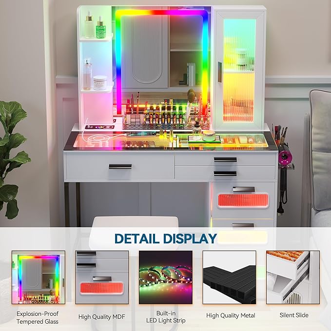 HENBC Vanity with Mirror and LED Lights, Glass Top Vanity Desk with Charging Station(Wireless+USB+Type-C), RGB Makeup Table Set with Stool/Makeup Organizer/6 Drawers (White)
