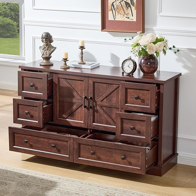 SOOWERY Dresser for Bedroom, Farmhouse Dresser with 6 Wooden Drawers and Storage Cabinet, 55 Inches Tall Chest of Drawers for Bedroom, Living Room, Hallway, Dark Cherry