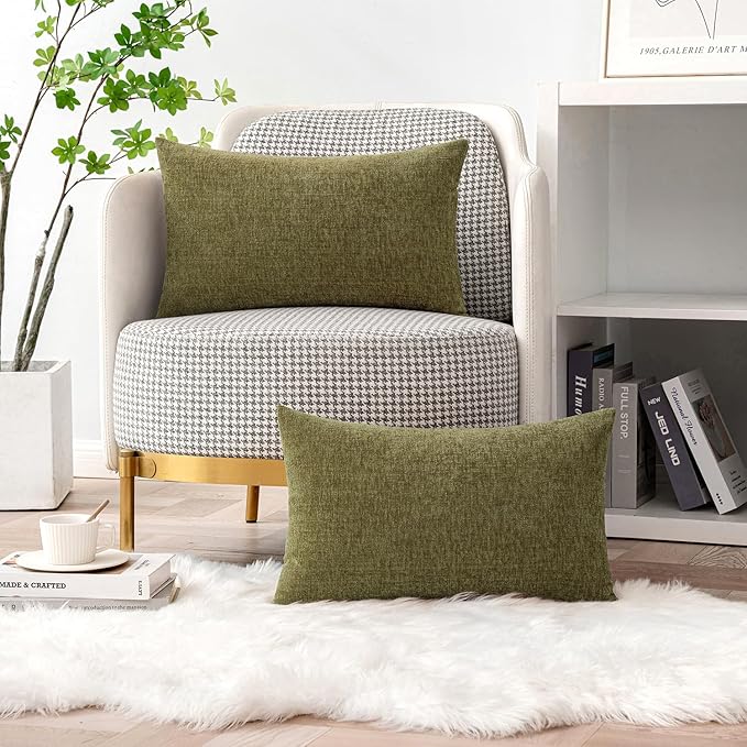 MIULEE Pack of 2 Couch Throw Pillow Covers 12x20 Inch Soft Olive Green Chenille Pillow Covers for Sofa Living Room Solid Dyed Pillow Cases